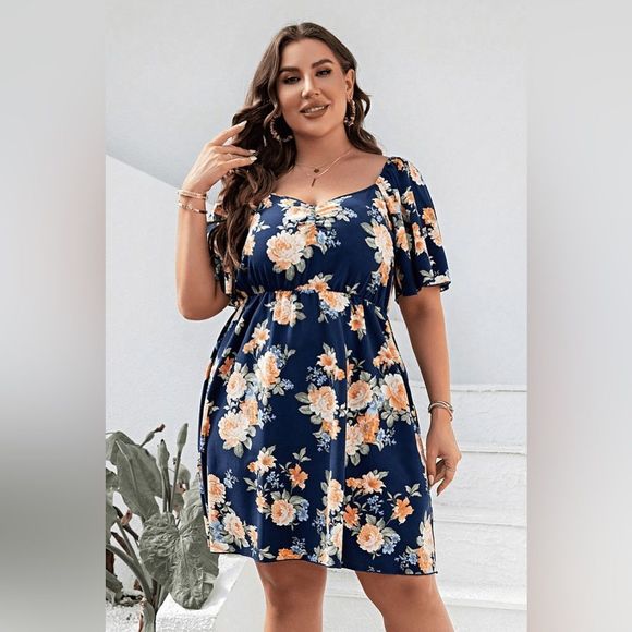 boutique Dresses & Skirts - Blue Plus Size Floral Print V-Neck Flutter Sleeve  A-Line Mini Dress